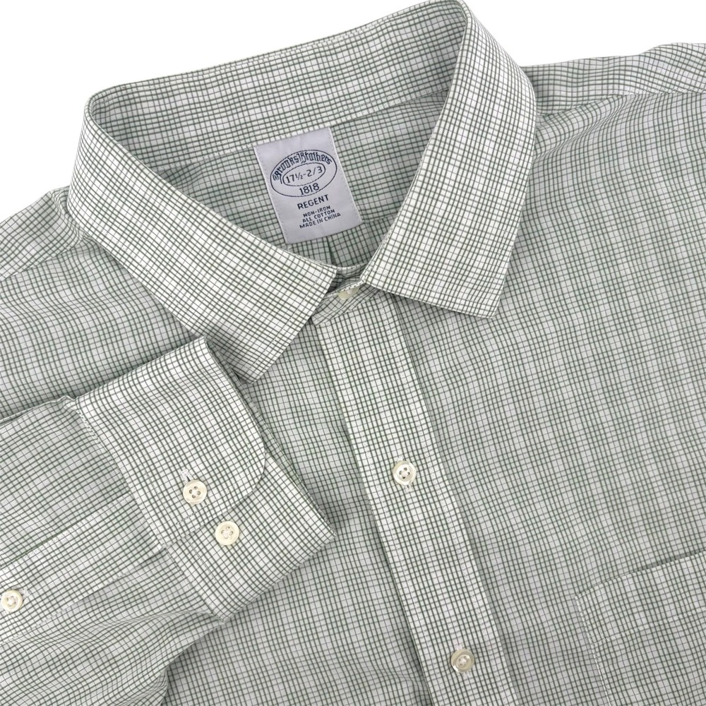 Brooks Brothers 1818 Regent Dress Shirt Mens 17.5 2/3 Green Check Non-Iron Shirt